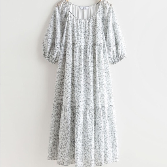& Other Stories Dresses & Skirts - & Other Stories Size 6 White Wide Tiered Midi Long Sleeve Floral Blue Dress